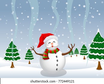 Snowman Background landscape with Christmas trees covered with snow. Vector illustration.