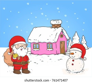 snowman background with santa doodle color vector
