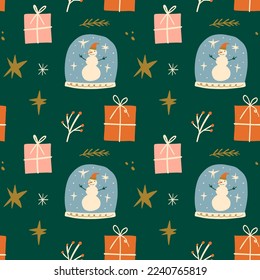 Snowman ball scandinavian nordic style artisan Noel postcard elements seamless pattern background vector