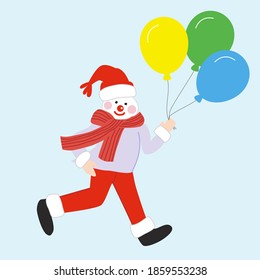 Snowman with balloons isolated on light blue background vector illustration