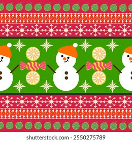 Snowman, balls, candies, snowflakes on a red and green background.