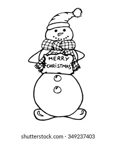 Snowman with banner Free hand drawn on white background. Vector illustration.