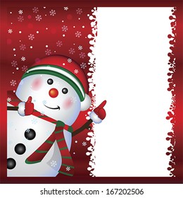 Snowman with banner, Merry Christmas and Happy New Year text greeting card. Winter holiday background. vector
