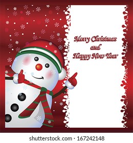 Snowman with banner, Merry Christmas and Happy New Year text greeting card. Winter holiday background, Vector
