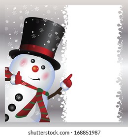 Snowman with banner, Merry Christmas and Happy New Year text greeting card. Winter holiday background, vector
