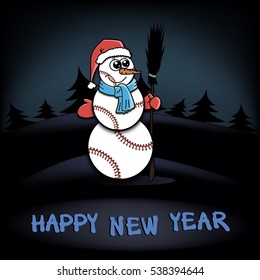 Snowman of baseball on a background of the dark forest of Christmas trees. Happy new Year. Vector illustration