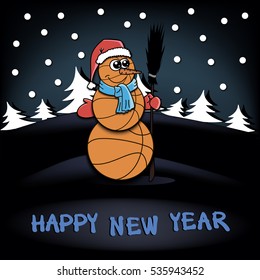 Snowman of basketball on the background of the forest of Christmas trees. Happy new Year. Vector illustration