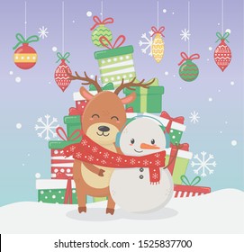 snowman and bear with scarf and many gift boxes balls snowflakes celebration merry christmas poster vector illustration