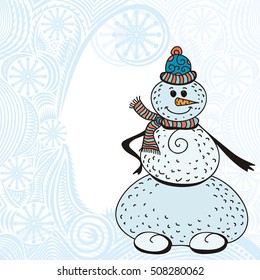 Snowman and beautiful winter background. For happy new year or merry Christmas card. Vector illustration.