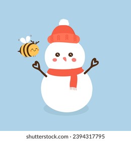 Snowman and bee cartoon on blue background vector illustration. 