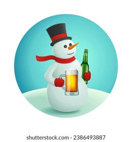 Snowman with beer christmas sticker. Drunk snowman holding craft beer mug. Vector new year greeting card with holiday character