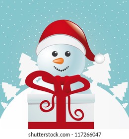 snowman behind gift box white winter landscape
