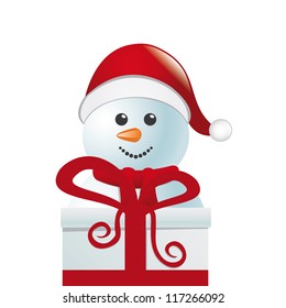 snowman behind gift box white winter landscape