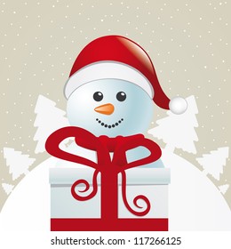 snowman behind gift box white winter landscape