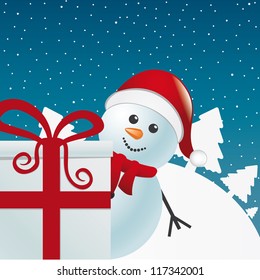 snowman behind gift box white winter landscape