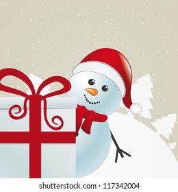 snowman behind gift box white winter landscape