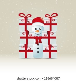 snowman behind gift stack snowy winter background