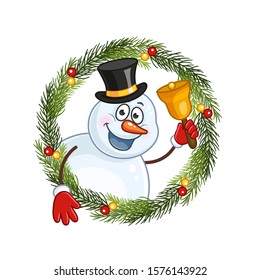 Snowman with a bell in a Christmas wreath