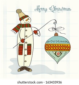 snowman with big Christmas ball, vector illustration