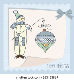snowman with big Christmas ball, vector illustration