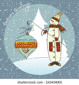 snowman with big Christmas ball, vector illustration