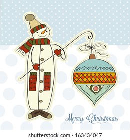 snowman with big Christmas ball, vector illustration
