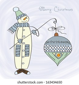 snowman with big Christmas ball, vector illustration