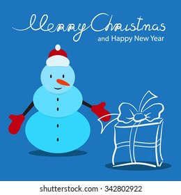 Snowman with the big gift box. Vector illustration. Christmas theme