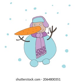 Hombre de nieve con la nariz grande. Ilustración vectorial. Dibujado a mano en un estilo garabato. Páginas de coloración para niños y adultos. Caricatura. Aislado.