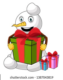 Snowman with big present illustration vector on white background
