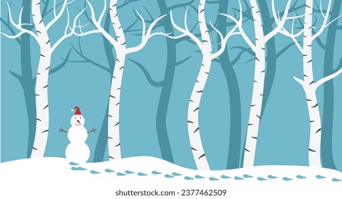 Snowman in a Birch Forest Illustration. Winter holidays, nature and leisure concept vector