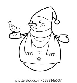 Snowman with bird. Black white outline illustration. Suitable for anti-stress and children's coloring books