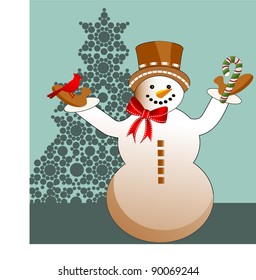 Snowman with bird and candycane in hands -  tree