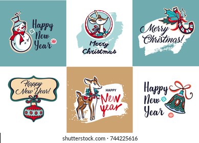 Snowman with bird, deer, bell and candy cane. Happy new year and merry christmas party. Sketch vector illustration.