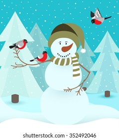 snowman with bird in forest