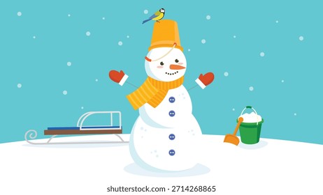 Boneco de neve com pássaro em chapéu e cachecol. Ilustração vetorial.