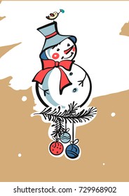 Snowman with bird on head. Branch of fir tree with garland. Freehand drawn image template poster, banner for happy new year and merry christmas party. Sketch vector illustration.