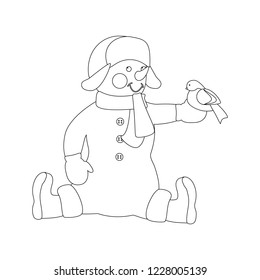 Snowman with bird on the white background. Vector illustration