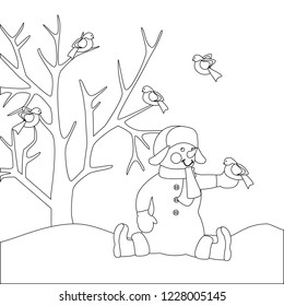 Snowman with bird on the white background. Vector illustration