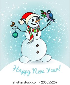 snowman with bird snow winter new year greetings.