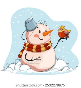 Muñeco de nieve con un pájaro, Ilustración vectorial. Año Nuevo, Navidades, 
días festivos