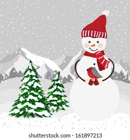 Snowman with bird in winter forest in vector