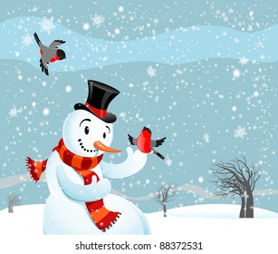 Snowman  and birds bullfinch