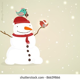 Snowman with birds. Christmas background for holiday xmas design.