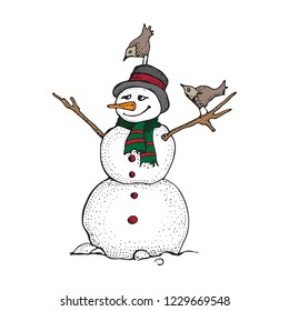 Snowman with birds in  sketched style. Cute winter holiday icon. Black line ink person in hat and knitted scarf. Vector hand drawn doodle illustration isolated on white background