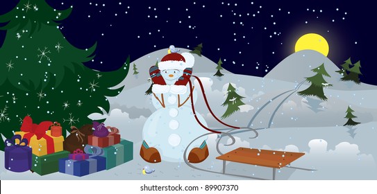 Snowman and birds under Christmas tree in the night  banner