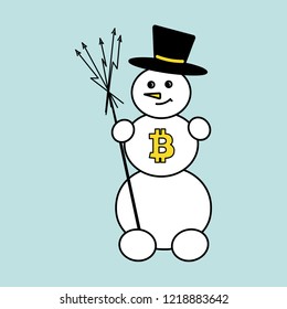 Snowman with bitcoin logo and broom " performance increase". Vector illustration.