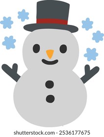 Snowman with black hat or cap.  Waving hand with snow. Cute snowman. winter season. 