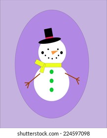 Snowman with black hat and carrot in a lilac frame. EPS vector format.