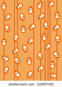 Snowman with black hat and carrot in a orange and lined frame. EPS vector format.